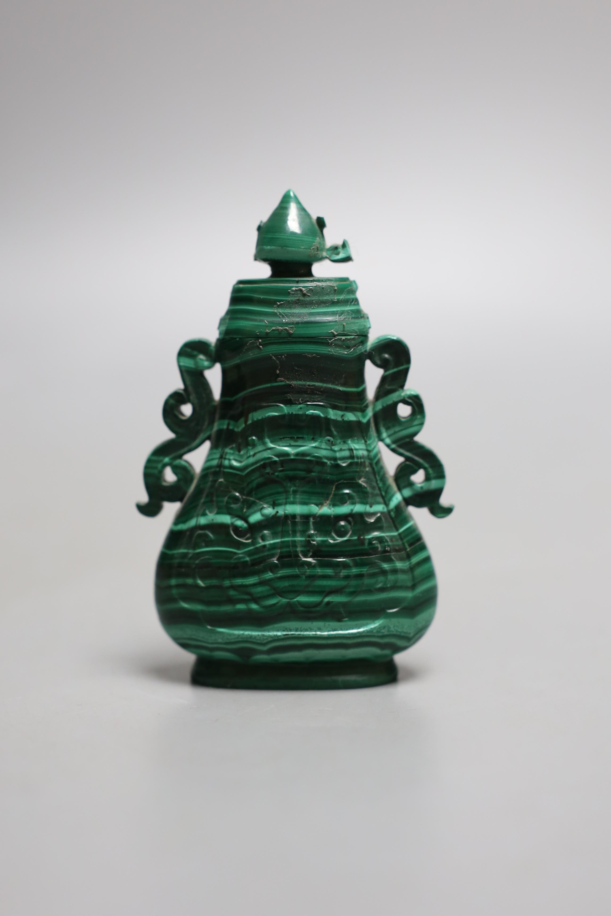 A Chinese malachite vase and cover, 9.5cm and a bowenite jade vase